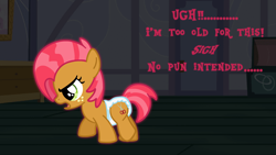 Size: 1920x1080 | Tagged: safe, edit, edited screencap, imported from derpibooru, screencap, babs seed, earth pony, pony, abdl, angry, complex background, dark background, diaper, female, filly, foal, glowing, green eyes, non-baby in diaper, pink mane, solo, text, walking