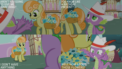 Size: 2000x1125 | Tagged: safe, edit, edited screencap, editor:quoterific, imported from derpibooru, screencap, junebug, spike, dragon, earth pony, pony, season 2, secret of my excess, bag, building, caption, duo, duo male and female, feathered hat, female, flower, hat, looking at each other, looking at someone, male, mare, ponyville, saddle bag, smiling, text, town, town hall, tree