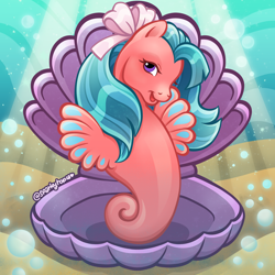 Size: 2400x2400 | Tagged: safe, artist:sparkytopia, imported from derpibooru, wavedancer, sea pony, blue hair, bow, female, fins, g1, hair bow, looking at you, open mouth, open smile, pink coat, seashell, signature, smiling, solo, underwater, water