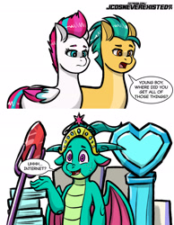 Size: 1584x2046 | Tagged: safe, artist:jcosneverexisted, imported from derpibooru, hitch trailblazer, zipp storm, dragon, earth pony, pegasus, pony, 2 panel comic, big crown thingy, bloodstone scepter, comic, countershading, crystal heart, dialogue, element of magic, female, g5, hitch is best dragon dad, hitchzipp, jewelry, male, mare, older, older sparky sparkeroni, parody, regalia, shipping, simple background, sparky sparkeroni, stallion, straight, sweat, the fairly oddparents, white background, zipp is best dragon mom