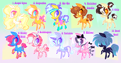 Size: 4432x2302 | Tagged: safe, artist:janegumball, imported from derpibooru, oc, oc only, oc:angel eyes, oc:bubblegum, oc:chip, oc:cupcake, oc:dead beat, oc:go-go, oc:rinky-dink, oc:shiver, oc:snicker doodle, oc:twinkle, earth pony, pegasus, pony, unicorn, zebra, blaze (coat marking), blue eyelashes, blue sclera, bow, choker, clothes, coat markings, colored eyelashes, colored horn, colored pupils, colored sclera, colored wings, colored wingtips, ear piercing, earring, earth pony oc, facial markings, folded wings, freckles, gradient background, gradient mane, gradient tail, hair bow, hair over eyes, hairclip, headband, heart, heart eyes, high res, horn, jewelry, leg warmers, leonine tail, leotard, not trixie, orange eyelashes, orange pupils, pegasus oc, piercing, pigtails, pink pupils, purple eyelashes, purple pupils, raised hoof, roller skates, skates, socks, socks (coat markings), spiked choker, spread wings, sweatband, tail, tail bow, unicorn oc, wingding eyes, wings, zebra oc