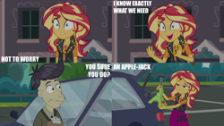 Size: 2000x1125 | Tagged: safe, edit, edited screencap, editor:quoterific, imported from derpibooru, screencap, cranky doodle donkey, sunset shimmer, human, driving miss shimmer, equestria girls, equestria girls series, car, driving miss shimmer: applejack, duo, duo male and female, female, jack, male, my little pony equestria girls: choose your own ending, pun, visual pun