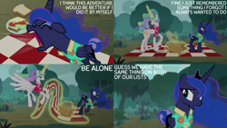 Size: 2000x1125 | Tagged: safe, edit, edited screencap, editor:quoterific, imported from derpibooru, screencap, princess celestia, princess luna, alicorn, pony, between dark and dawn, season 9, spoiler:s09, argument, basket, bread, caption, cheese, clothes, dialogue, duo, duo female, female, flying, folded wings, food, forest, glowing, glowing horn, hawaiian shirt, horn, lettuce, magic, magic aura, mare, nature, open mouth, outdoors, picnic, picnic basket, picnic blanket, plate, raised hoof, royal sisters, sandwich, shirt, shirt with a collar, siblings, sisters, spread wings, talking, telekinesis, text, tomato, tree, wings, yelling