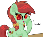 Size: 2000x1700 | Tagged: safe, artist:scandianon, imported from derpibooru, candy apples, earth pony, pony, apple family member, female, hoof on cheek, howdy, looking at you, mare, open mouth, open smile, simple background, smiling, solo, talking to viewer, white background