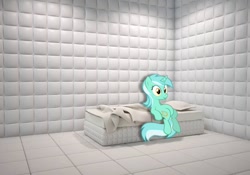 Size: 1030x720 | Tagged: safe, edit, edited screencap, imported from derpibooru, screencap, lyra heartstrings, pony, unicorn, asylum, bed, blanket, female, horn, irl, mare, meme, padded cell, photo, ponies in real life, sitting, sitting lyra, smiling