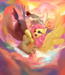 Size: 1287x1496 | Tagged: safe, artist:vondsketch, imported from derpibooru, discord, fluttershy, bat pony, pegasus, pony, abstract background, cloud, discoshy, duo, female, heart, heart eyes, large wings, male, open mouth, raised hoof, shipping, sky background, spread wings, straight, wingding eyes, wings