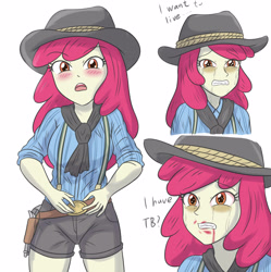 Size: 3300x3307 | Tagged: safe, artist:sumin6301, imported from derpibooru, apple bloom, human, equestria girls, bags under eyes, belt, blood, blush lines, blushing, clothes, cowboy hat, crying, gun, handgun, hat, high res, older, older apple bloom, red dead redemption 2, revolver, sad, shorts, sick, simple background, solo, suspenders, tuberculosis, weapon, white background