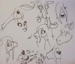 Size: 2048x1747 | Tagged: safe, artist:pony quarantine, imported from derpibooru, oc, oc only, oc:ponyquarantine, demon, demon pony, horse, human, original species, pony, art dump, bust, grayscale, long nose, monochrome, pen drawing, traditional art