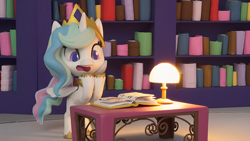 Size: 1920x1080 | Tagged: safe, edit, edited screencap, imported from derpibooru, screencap, princess celestia, alicorn, pony, book filled adventure, my little pony: pony life, my little pony: stop motion short, book, bookshelf, cute, desk lamp, shocked, solo, table