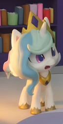 Size: 996x1952 | Tagged: safe, edit, edited screencap, imported from derpibooru, screencap, princess celestia, alicorn, pony, book filled adventure, my little pony: pony life, my little pony: stop motion short, bookshelf, confused, cropped, cute, solo