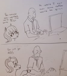 Size: 1826x2048 | Tagged: safe, artist:pony quarantine, imported from derpibooru, oc, oc only, oc:aids mare, oc:anon, earth pony, human, pony, 2 panel comic, comic, computer, dialogue, duo, duo male and female, female, grayscale, male, monochrome, pen drawing, syringe, traditional art