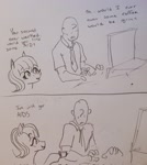 Size: 1826x2048 | Tagged: safe, artist:pony quarantine, imported from derpibooru, oc, oc only, oc:aids mare, oc:anon, earth pony, human, pony, 2 panel comic, comic, computer, dialogue, duo, duo male and female, female, grayscale, male, monochrome, pen drawing, syringe, traditional art
