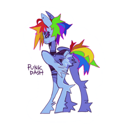 Size: 850x850 | Tagged: safe, artist:cutesykill, imported from derpibooru, rainbow dash, pegasus, pony, alternate hairstyle, alternate tailstyle, bags under eyes, beanbrows, blue coat, butt fluff, clothes, colored eyebrows, ear piercing, earring, eyebrows, female, frown, hoof fluff, jewelry, leg fluff, lip piercing, long legs, looking at you, looking back, looking back at you, mare, multicolored hair, narrowed eyes, no catchlights, partially open wings, piercing, pink eyes, rainbow hair, rainbow punk, rainbow tail, shirt, short hair rainbow dash, short mane, simple background, slit pupils, snake bites, solo, standing, tail, text, thick eyelashes, thin legs, white background, wings