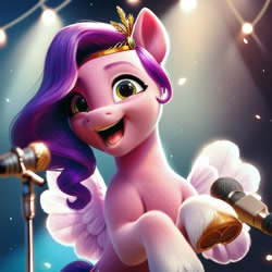 Size: 1024x1024 | Tagged: safe, imported from derpibooru, pipp petals, pegasus, pony, adorapipp, ai content, ai generated, colored wings, crown, cute, female, g5, jewelry, microphone, microphone stand, open mouth, regalia, singing, solo, spotlight, underhoof, wings