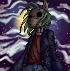 Size: 870x882 | Tagged: safe, artist:freakazoidthunk, imported from derpibooru, oc, oc only, oc:derp, anthro, earth pony, unguligrade anthro, biker, clothes, cloud, cloudy, green mane, hockey mask, jacket, leather, leather jacket, mask, mlha, moon, my little hazards area, night, night sky, opposable hooves, parody, riding wasps, sky, solo, stars