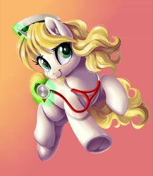 Size: 1500x1725 | Tagged: safe, artist:jadedjynx, imported from derpibooru, oc, oc only, pony, unicorn, female, glowing, glowing horn, gradient background, horn, magic, mare, nurse, smiling, solo, stethoscope, telekinesis, underhoof