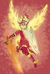 Size: 696x1024 | Tagged: safe, artist:fallenangel5414, imported from derpibooru, sunset shimmer, fanfic:friendship souls, equestria girls, armor, bleach (manga), clothes, crossover, fanfic art, fiery wings, fire hair, high heels, shield, shoes, skirt, solo, sword, weapon, wings