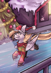 Size: 1879x2658 | Tagged: safe, artist:lonerdemiurge_nail, imported from derpibooru, derpy hooves, alicorn, pony, alicornified, chest fluff, christmas, christmas sweater, christmas tree, clothes, commission, derpicorn, female, hat, holiday, ice skates, ice skating, mare, race swap, santa hat, skates, solo, sweater, tree