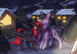 Size: 2678x1893 | Tagged: safe, artist:lonerdemiurge_nail, imported from derpibooru, oc, oc only, pegasus, pony, unicorn, clothes, commission, duo, female, horn, male, mare, night, scarf, shared clothing, shared scarf, snow, snowfall, stallion, tree