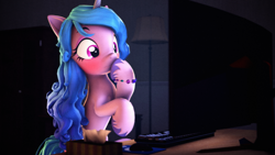 Size: 3840x2160 | Tagged: safe, artist:psfmer, imported from derpibooru, izzy moonbow, pony, unicorn, 3d, blushing, bracelet, computer, computer mouse, female, g5, g5 to g4, generation leap, high res, horn, jewelry, keyboard, lamp, mare, monitor, my little pony: a new generation, solo, source filmmaker, unshorn fetlocks