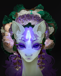 Size: 4000x5000 | Tagged: safe, artist:yanisfucker, imported from derpibooru, rarity, pony, unicorn, absurd resolution, amethyst, bust, ear fluff, emerald, eyeshadow, female, gemstones, glowing, glowing horn, headdress, horn, jewelry, looking at you, makeup, malachite, mare, portrait, simple background, solo