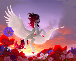 Size: 5000x4000 | Tagged: safe, artist:yanisfucker, imported from derpibooru, oc, oc only, pegasus, pony, absurd resolution, backlighting, belly, colored hooves, concave belly, cornflower (flower), ear fluff, fangs, flower, flower field, flower in hair, flying, large wings, lighting, looking down, low angle, petunia (flower), poppy, shading, sky, slender, solo, sunset, thin, tulip, windswept mane, wings