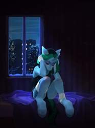 Size: 3200x4300 | Tagged: safe, artist:yanisfucker, imported from derpibooru, oc, oc only, anthro, unguligrade anthro, unicorn, apartment, bandage, bed, city, curved horn, dust, eyes closed, female, green mane, high res, holding head, horn, night, room, scar, sitting, solo, window, winter