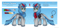 Size: 2900x1353 | Tagged: safe, artist:madelinne, imported from derpibooru, oc, oc:silver slate, kirin, clothes, full body, kirin oc, leonine tail, male, reference sheet, scarf, solo, stallion, tail