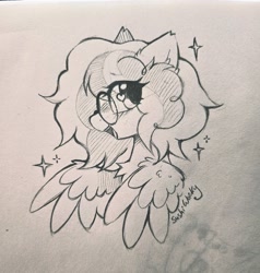 Size: 1947x2048 | Tagged: safe, artist:mirtash, imported from derpibooru, oc, oc only, oc:fluff fablewing, pegasus, pony, blushing, commission, glasses, heart, heart eyes, nonbinary, pegasus oc, pencil drawing, smiling, solo, spread wings, traditional art, transgender oc, wingding eyes, wings