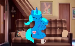 Size: 2600x1584 | Tagged: safe, artist:memeartboi, imported from derpibooru, pegasus, pony, unicorn, affection, baby, baby pony, bonding, colt, couch, cuddling, cup, cute, duo, duo male and female, female, foal, gumball watterson, happy, heart, heartwarming, horn, hug, hugging a pony, living room, male, mare, mother, mother and child, mother and son, motherly, motherly love, nicole watterson, ponified, smiling, the amazing world of gumball, wholesome, wings