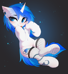 Size: 3150x3410 | Tagged: safe, artist:empress-twilight, imported from derpibooru, oc, oc only, oc:mind, pony, unicorn, belly button, clothes, cute, female, fishnet clothing, fishnets, high res, horn, mare, piercing, socks, solo, stockings, thigh highs