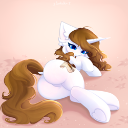 Size: 3000x3000 | Tagged: safe, artist:persikulka, imported from derpibooru, oc, oc:white storm, pony, unicorn, butt, butt focus, dock, ear fluff, featureless crotch, female, hoof heart, hooves, horn, large butt, looking at you, lying down, mare, on side, plot, solo, tail, thicc thighs, underhoof