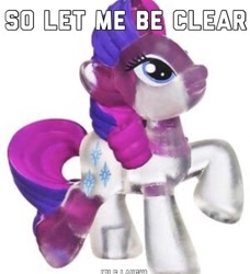 Size: 735x806 | Tagged: safe, edit, editor:classiccoffe123, imported from derpibooru, rarity, crystal pony, pony, unicorn, alternate mane color, blind bag, blue eyes, caption, clear, clothes, crystal unicorn, curly mane, curly tail, eyeshadow, female, font name needed, horn, i've made myself clear, irl, lidded eyes, makeup, mare, meme, photo, pun, raised hoof, ringlets, see-through, simple background, smiling, solo, sparkles, sparkly eyes, standing, stars, tail, text, toy, translucent, transparent horn, two toned mane, two toned tail, unicorn horn, visual pun, white background, wingding eyes