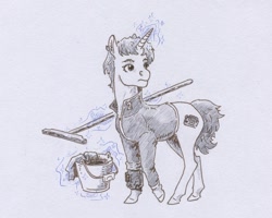 Size: 934x749 | Tagged: safe, artist:adeptus-monitus, imported from derpibooru, oc, oc only, oc:littlepip, pony, unicorn, fallout equestria, clothes, horn, jumpsuit, magic, monochrome, solo, telekinesis, traditional art, vault suit