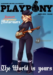 Size: 2894x4093 | Tagged: safe, artist:jackudoggy, imported from derpibooru, sunset shimmer, human, bass guitar, boots, breasts, busty sunset shimmer, clothes, denim, jeans, logo, musical instrument, pants, playboy, playpony, scenery, shoes