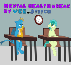 Size: 1900x1750 | Tagged: safe, artist:vee_stitch, imported from derpibooru, gallus, sandbar, earth pony, griffon, ai assisted, ai content, clock, comic, comic cover, cover, cover art, duo, duo male, feral, gallbar, gay, male, shipping, sitting, stallion, table