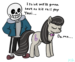 Size: 474x392 | Tagged: safe, artist:harmonicglow, imported from derpibooru, octavia melody, earth pony, pony, bone, duo, female, i think we're gonna have to kill this guy, mare, meme, sans (undertale), simple background, skeleton, transparent background, undertale