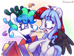 Size: 1790x1344 | Tagged: safe, artist:cherry_tree, imported from derpibooru, oc, oc only, oc:equmoria, alicorn, pony, birthday, celebration, cute, duo, duo female, female, gift art, horns, multicolored hair, party horn, simple background, surprised