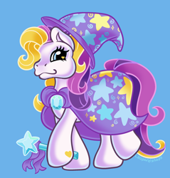 Size: 2200x2300 | Tagged: safe, artist:leopardsnaps, imported from derpibooru, puzzlemint, pony, accessory swap, blue background, cape, clothes, g3, hat, magic wand, multicolored hair, simple background, solo, the great and powerful, trixie's cape, trixie's hat