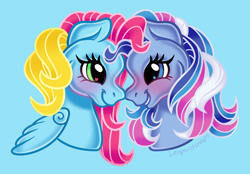 Size: 2300x1600 | Tagged: safe, artist:leopardsnaps, imported from derpibooru, thistle whistle, earth pony, pegasus, pony, blue background, cute, duo, duo female, female, g3, lesbian, light blue background, looking at each other, looking at someone, mare, multicolored hair, nose to nose, shenanigans (g3), shipping, simple background, smiling, smiling at each other, thistlebetes