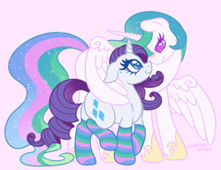 Size: 3000x2300 | Tagged: safe, artist:leopardsnaps, imported from derpibooru, princess celestia, rarity, alicorn, pony, unicorn, alternate hairstyle, clothes, duo, duo female, female, horn, hug, jewelry, lesbian, looking at each other, looking at someone, nervous, nervous sweat, pink background, rarilestia, regalia, shipping, simple background, smiling, smiling at each other, socks, striped socks, wing hold, winghug, wings