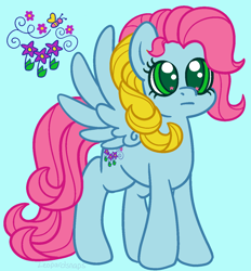 Size: 1192x1285 | Tagged: safe, artist:leopardsnaps, imported from derpibooru, thistle whistle, pegasus, pony, :i, blue background, curly mane, cutie mark, g3, g3 to g4, generation leap, multicolored hair, reference sheet, simple background, solo, spread wings, wings