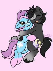 Size: 1700x2300 | Tagged: safe, artist:leopardsnaps, imported from derpibooru, oc, oc only, oc:crystal nightshine, oc:nurse brighthope, pony, unicorn, coat markings, cuddling, duo, gradient legs, happy, horn, hug, looking at each other, looking at someone, multicolored hair, not shipping, open mouth, platonic, simple background, smiling, smiling at each other, socks (coat markings), unicorn oc