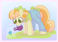 Size: 2800x2000 | Tagged: safe, artist:puppie, imported from derpibooru, junebug, earth pony, pony, bow, clothes, cute, female, flower, gradient background, grass, hair bow, mare, mouth hold, overalls, shirt, solo, tail, tail bow, watering can, wingding eyes