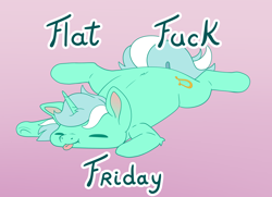 Size: 4252x3071 | Tagged: safe, artist:cutepencilcase, imported from derpibooru, lyra heartstrings, pony, unicorn, commission, eyes closed, flat fuck friday, flop, gradient background, high res, horn, lying down, pink background, prone, simple background, smiling, solo, sploot, tongue out, vulgar, ych result