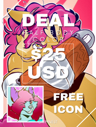 Size: 1728x2304 | Tagged: safe, artist:barnnest, imported from derpibooru, oc, kirin, advertisement, amputee, collage, commission, commission info, commission open, halfbody, horn, icon, markings, orange coat, pink mane, price sheet, price tag, prosthetic limb, prosthetics, solo, yellow eyes