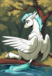 Size: 3328x4864 | Tagged: safe, artist:arsnova, imported from derpibooru, terramar, classical hippogriff, hippogriff, ai content, ai generated, beak, detailed background, dock, feathered wings, floppy ears, male, older terramar, prompter:arsnova, sad, solo, tail, water, wings