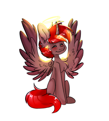 Size: 2001x2224 | Tagged: safe, artist:pizzalover, imported from derpibooru, oc, oc only, oc:hardy, alicorn, pony, blushing, chest fluff, ear fluff, eyes closed, full body, high res, male, nimbus, simple background, sitting, smiling, solo, spread wings, stallion, white background, wings