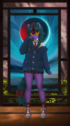 Size: 1674x3000 | Tagged: safe, artist:dogs, imported from derpibooru, oc, oc only, anthro, kirin, anthro oc, clothes, collage, glasses, kirin oc, necktie, photoshop, ribbon, scenery, shoes, sneakers, solo, sweater