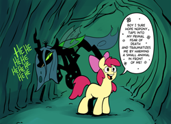 Size: 1815x1317 | Tagged: safe, artist:balileart, imported from derpibooru, apple bloom, queen chrysalis, changeling, changeling queen, earth pony, pony, dialogue, duo, duo female, female, filly, foal, happy, laughing, mare, moments before disaster, open mouth, open smile, scheming, smiling, squint